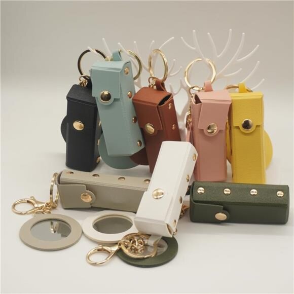 Leather Keychain for Women, Portable Lipstick Case with Mirror for Purse, - Picture 6 of 7